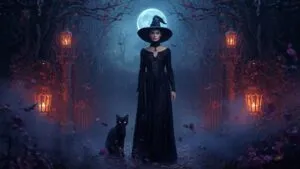 Witch and Black Cat by the Fire