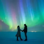 Aurora Borealis Couple Holding Hands Snow Scene