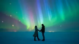 Aurora Borealis Couple Holding Hands Snow Scene
