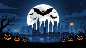 Bats Flying Over City Skyline Moon