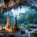 Cave Interior Stalactites Glow Hidden Chamber Light