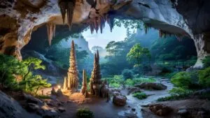 Cave Interior Stalactites Glow Hidden Chamber Light