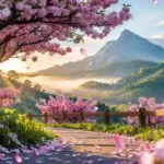 Cherry Blossom Petals Falling Pink Spring Scene Soft Focus