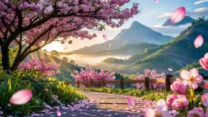 Cherry Blossom Petals Falling Pink Spring Scene Soft Focus
