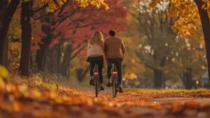 Couple Cycling Through Autumn Leaves Path Fun
