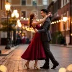 Couple Dancing Street Lights Bokeh Effect Joy