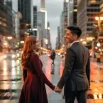 Couple Holding Hands Under City Lights at Night