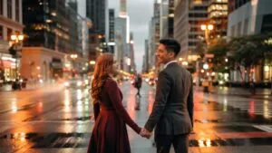 Couple Holding Hands Under City Lights at Night