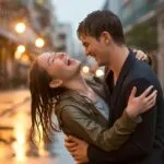 Couple Laughing Together in the Rain