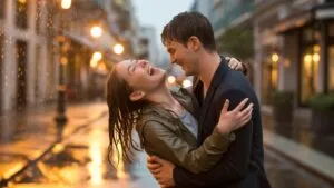 Couple Laughing Together in the Rain