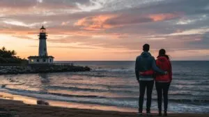 Distant Lighthouse Shoreline Two Figures Symbolic