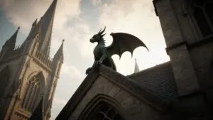 Gargoyle Perched Cathedral Rooftop