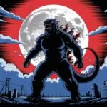 Giant Monster Kaiju Silhouette Against Full Moon