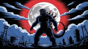 Giant Monster Kaiju Silhouette Against Full Moon