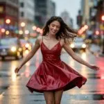 Girl Dancing Joyfully in the Rainy Street Lights