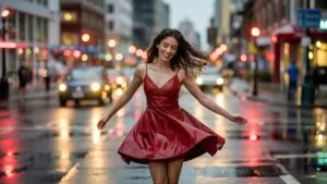 Girl Dancing Joyfully in the Rainy Street Lights