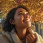 Girl Smiling Under Golden Autumn Leaves