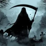 Grim Reaper Scythe Silhouette Foggy Cemetery