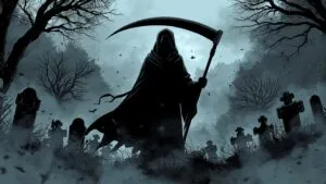 Grim Reaper Scythe Silhouette Foggy Cemetery