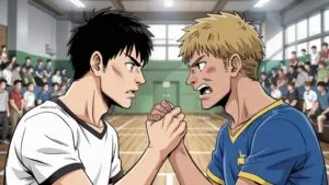 High School Rivalry Intense Staredown Gym Setting