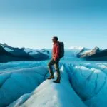 Hiker Standing on Blue Glacier Edge