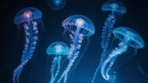 Jellyfish Glowing in Deep Ocean Water