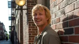 Man Leaning Against Brick Wall in Alleyway