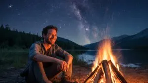 Man Sitting by Campfire Watching the Stars