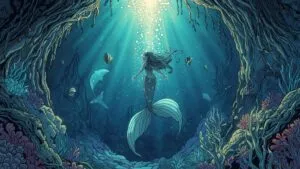 Mermaid Underwater Cavern Glowing Deep Sea Life