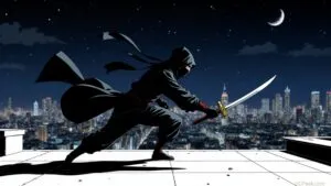 Ninja Assassin Stealth Pose Rooftop Night Scene