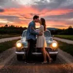Old Vintage Car Headlights Couple Kissing Retro