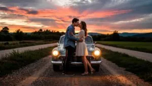 Old Vintage Car Headlights Couple Kissing Retro