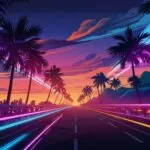 Outrun Style Highway Palm Trees Neon Light Streaks