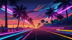 Outrun Style Highway Palm Trees Neon Light Streaks
