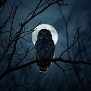 Owl on Bare Tree Branch Night Sky