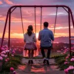 Pink Sky Couple Swing Set Childhood Memory Soft