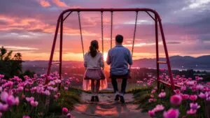 Pink Sky Couple Swing Set Childhood Memory Soft