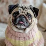 Playful Pug Dog Sticking Out Tongue in Cozy Sweater