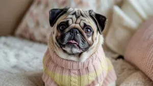 Playful Pug Dog Sticking Out Tongue in Cozy Sweater