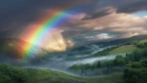 Rainbow Arching Over Valley After Rain Stormy Sky