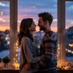 Rainy Window View Couple Inside Warm Glow Interior