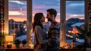 Rainy Window View Couple Inside Warm Glow Interior