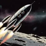 Retro Spaceship Landing Moon Vintage Art