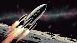 Retro Spaceship Landing Moon Vintage Art