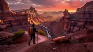 Traveler Walking Through Canyon Trails at Sunrise