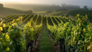 Vineyard Rows Morning Mist Sun Rays