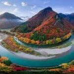 Winding River Bend Aerial View Forest Color Autumn