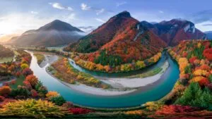 Winding River Bend Aerial View Forest Color Autumn