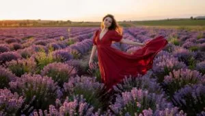 Woman in a Flowing Red Dress in a Lavender Field