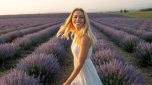 Woman Walking Through Blooming Lavender Fields